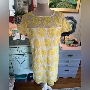 Sharagano Embroidered Daisy Dress 10 Yellow White Chiffon Easter Spring VGUC